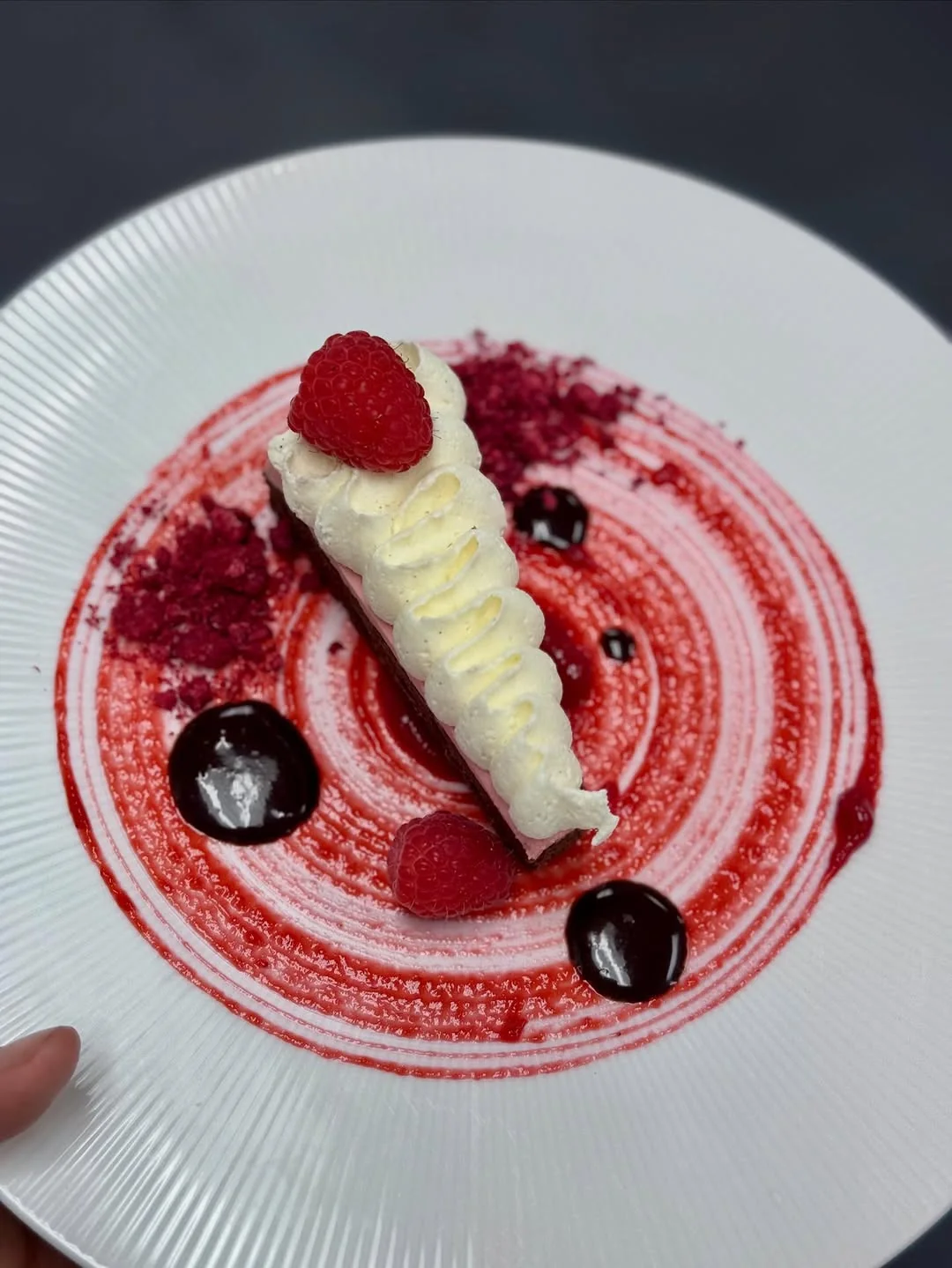 Sang — bittersweet chocolate slice with raspberry swirl, blackcurrant gel and vanilla quenelle